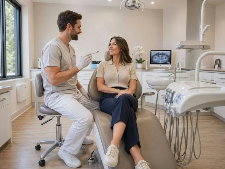 Patient resting with a cold pack after dental implant surgery, with soft foods and aftercare instructions nearby.
